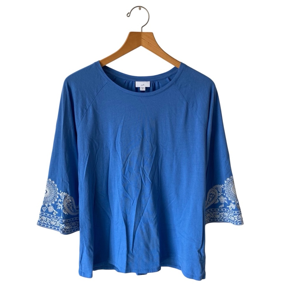 J Jill Blue Paisley Embroidered Cotton Boho Blouse Size M Tall Coastal Cowgirl - Picture 1 of 9